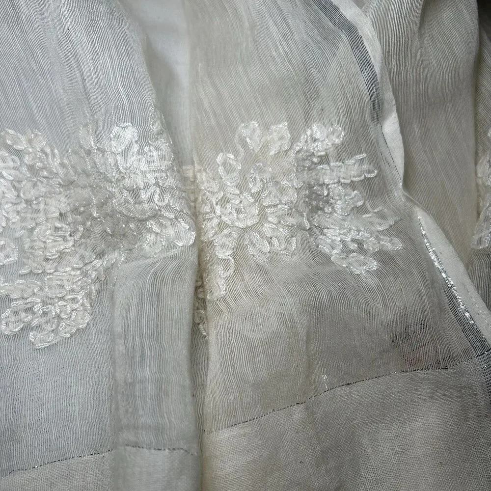 Bouroulitis Cotton and Silk Scarf in Cream, metallic, embroidery, fringe